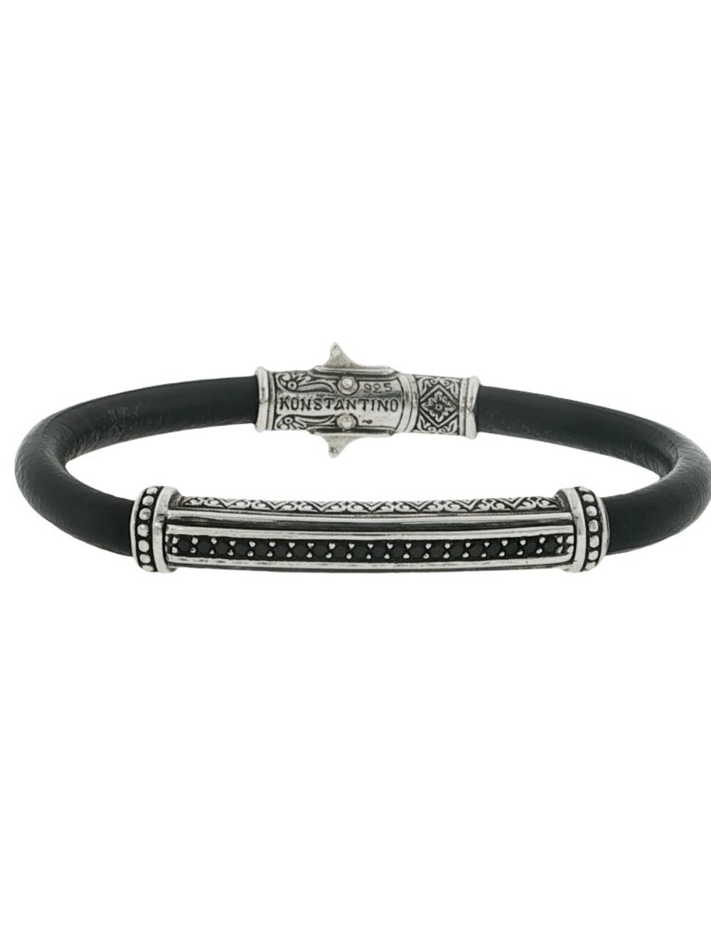 Konstantino 925 Sterling Silver Black Spinel Leather Bracelet Size 7.3/4"